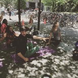 Yoga on the front plaza for Comcast Healthy Week