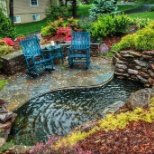 An example of pond waterfall patio and planting of Evergreen Landscaping in Brookeville MD