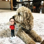 Winchester the dog likes to hang out with our president's bobble head!