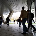 Students walk through ARTlab’s modern entryway on UM’s Fort Garry campus.