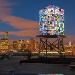 ACRYLITE® pictured in a colorful water tower installation in Brooklyn, NY, USA.