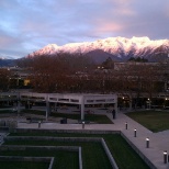 looking north to Mt. Timpanogos over UVU center courtyard