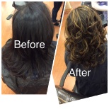 Before and after of a happy client's hair.