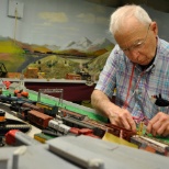 Enjoying the model trains is a favorite pastime for Luther Manor residents