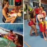 A collage of our Chaos Water Park Lifeguards practicing their skills at in-service.