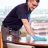 A team member cleaning an office space at the Peabody Plaza building in St. Louis.